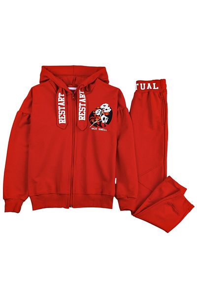 İrem Çocuk Giyim Girl's Nice Smell Text Patterned Zippered Hooded Red Tracksuit Set