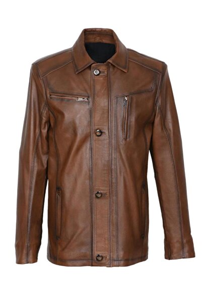 Sanalbolluk معطف جلدي كلاسيكي للرجال بلون أسمر مع جيب داخلي