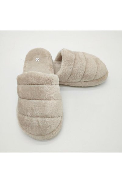 Sanalbolluk Horizontal Stitched Fluffy Women's Slippers Cream Color