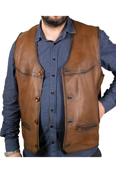 Sanalbolluk Black Stripe Drawn Leather Vest on Tan