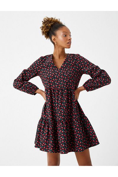 Koton Floral Winter Dress Flounce Long Sleeve V-Neck