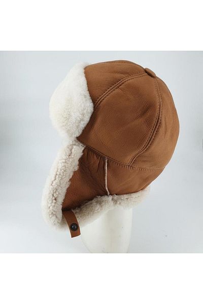 Sanalbolluk Pilot Model Mustard Color Leather Hat with Fur Inside