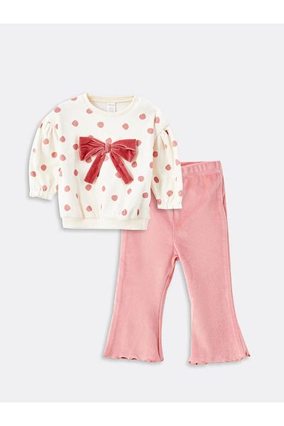 LC Waikiki سويت شيرت وسروال ضيق منقط من Ecru للفتيات الصغيرات من LCW Baby - طقم مكون من قطعتين