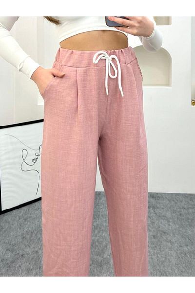 Sanalbolluk Powder Color Linen Fabric Carrot Model Trousers