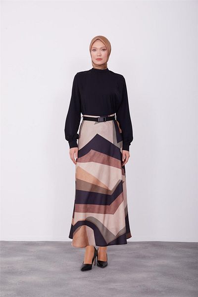 Armine Beige Patterned Lightweight Flared Skirt - 23K1419