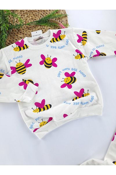 Butik Girl's Pajamas Set 2 Thread Raised Fleece Inside Bee Printed