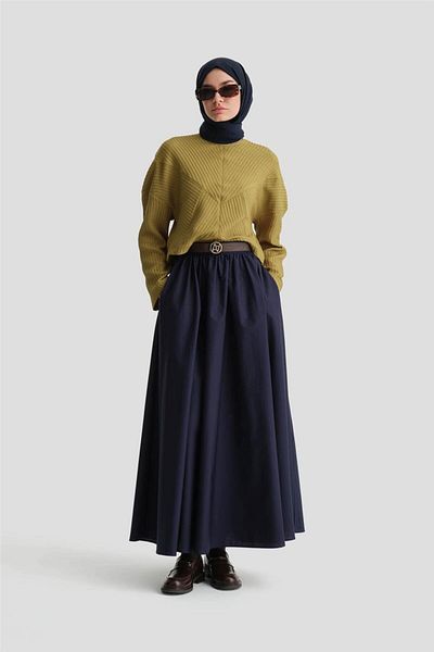 Armine Leather Belted Gathered Skirt 24K1717 Navy Blue