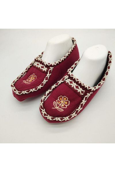 Sanalbolluk Knitted Stitched Floral Patterned Women's Booties Burgundy