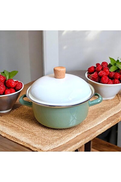 Yuva Consept Avşar Emaye Tencere - 20 Cm / 2,5-3 LT Ekru Yeşil Emaye