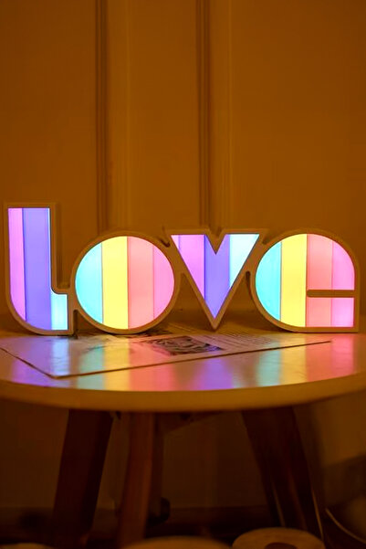 ThenTech Masa Üstü Gece Lambası LOVE Yazılı Dekoratif Gökkuşağı Desenli Led Işık Üç Boyutlu Sevimli LED