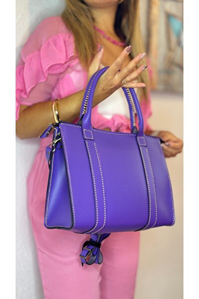 Tuvita Collection Bodrum %100 gerçek deri el yapımı kadın mor Tote omuz askıl...