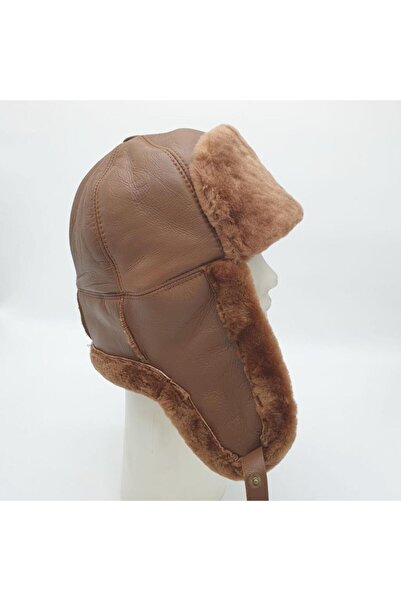 Sanalbolluk قبعة طيار من الجلد بلون الجمل مع فرو من الداخل
