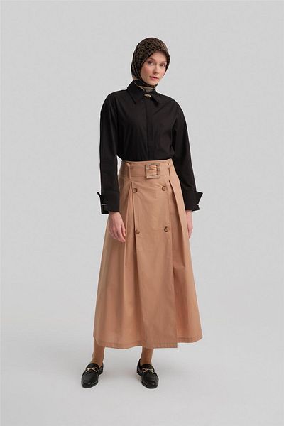 Armine Camel Cotton Skirt - Double Button, 24Y1601 Model