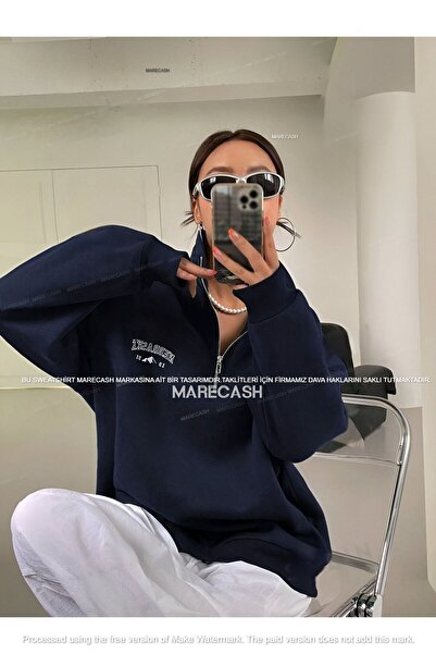 MARECASH Nemaska baskılı Lacivert dik yakalı fermuarlı oversize unisex sweats...