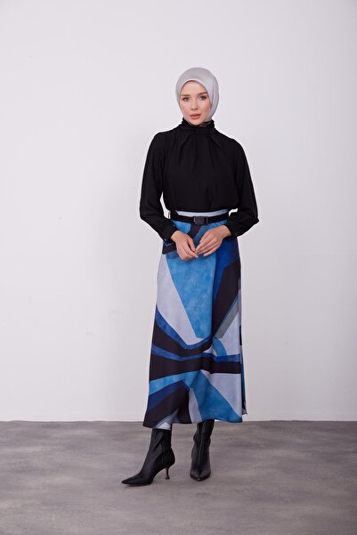 Armine Desenli Hafif Kloş Etek 23k1419 Indigo