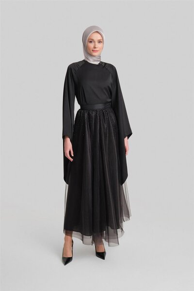 Armine Taş Yapıştırmalı Tül Etek 24y1631 Siyah