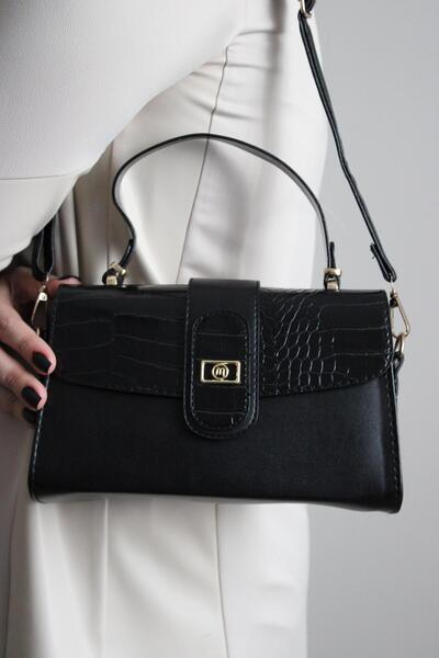 mossi Black Crocodile Leather Detailed Covered Hand and Shoulder Bag with Adjustable Strap