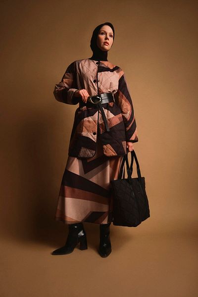 Armine Beige Patterned Lightweight Flared Skirt - 23K1419