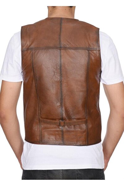 Sanalbolluk Sports Cut Tan Color Men's Leather Vest with Belt Back