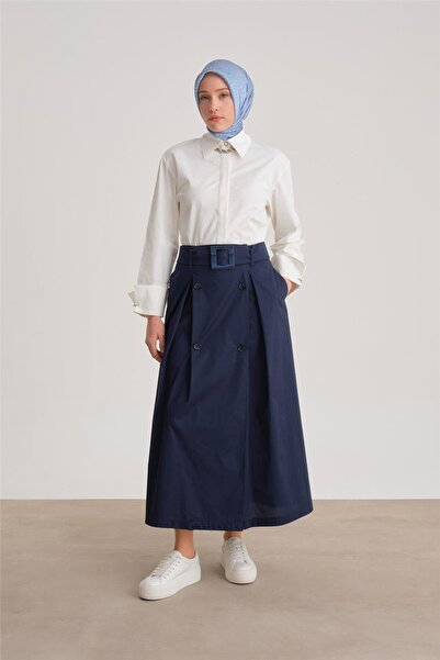 Armine Çift Düğmeli Pamuk Etek 24y1601 Lacivert