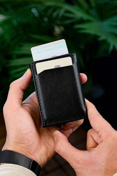 VANİLLA Automatic Mechanism Leather Wallet Card Holder Portfolio Black