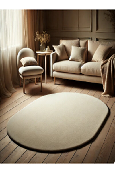 Musbak Halıdan Krem Gri Oval Kaymaz Taban 12mm Üzeri Hav Yüksekliği Sahip Pel...