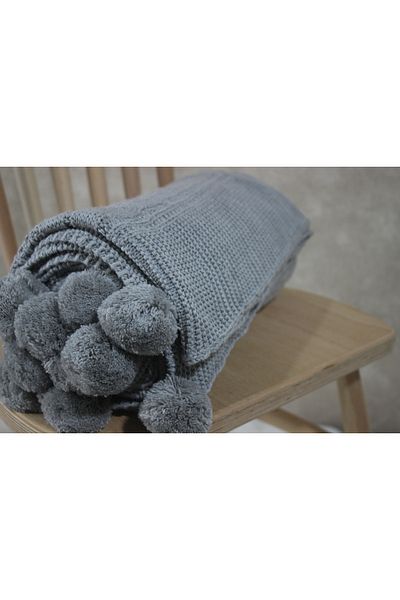 ARVA Gray Knitwear Tv Blanket - Home Knitted Pompom Sofa Shawl