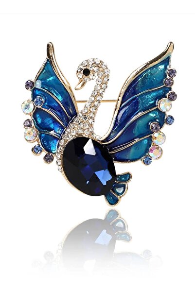 ESJ Mavi Zirkon Taş Kuğu Kadın Broş Ebat: 4,5*6 Cm