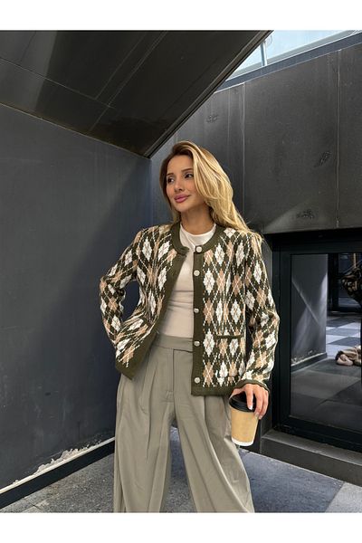 B2K FASHION Khaki Camel Diamond Patterned Pocket Sweater Cardigan