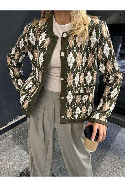 B2K FASHION Khaki Camel Diamond Patterned Pocket Sweater Cardigan