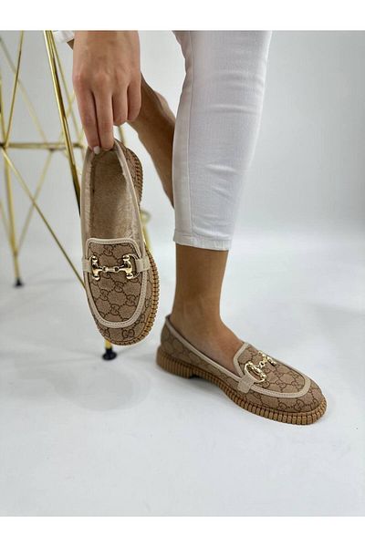 PAMİR Print Loafer Shoes with Fur Inside Buckle
