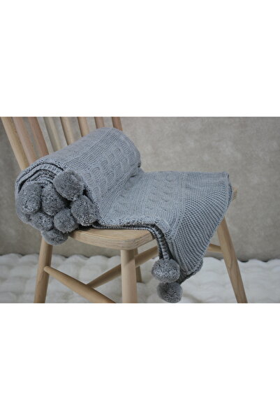 ARVA Home Örgü Ponponlu Triko Tv Battaniyesi Koltuk Şalı knitted tv blanket Gri