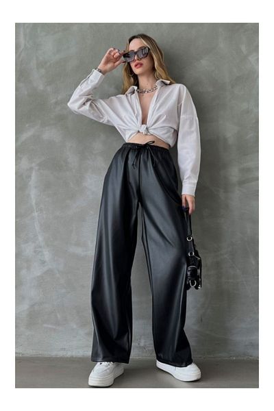 BEES JEANS Women's High Waist Black Leather Palazzo Pants