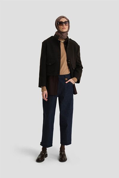 Armine Navy Blue Denim Carrot Trousers with Cuffed Legs, 24K2702 Model