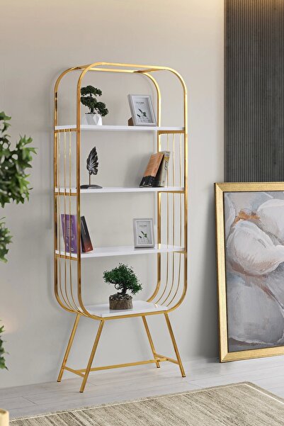 Evistro Dekoratif Büyük Duvar Rafı Kitaplık 4 Katlı Gold-beyaz Kurulu Gönderilir