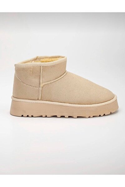 B&B'shop Kadın Süet Taba Mini Düz Tabanlı İçi Tüylü Kısa Yarım Bot