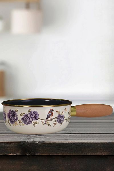 PR HOME Fiorella Enamel Wooden Handle Boiling and Sauce Pan 16 cm