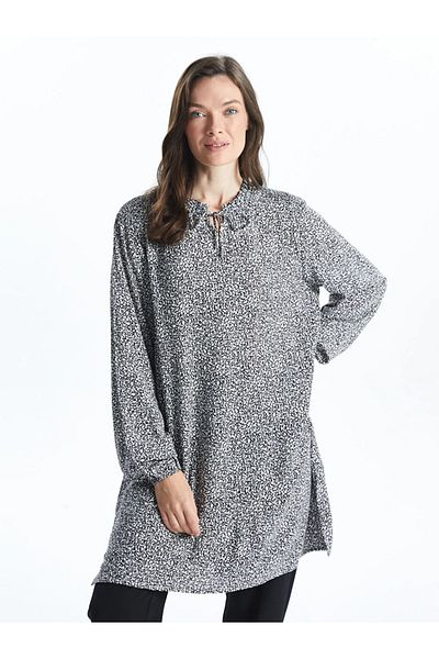 LC Waikiki Lcw Grace Black Lace-Up Collar Patterned Women's Tunic