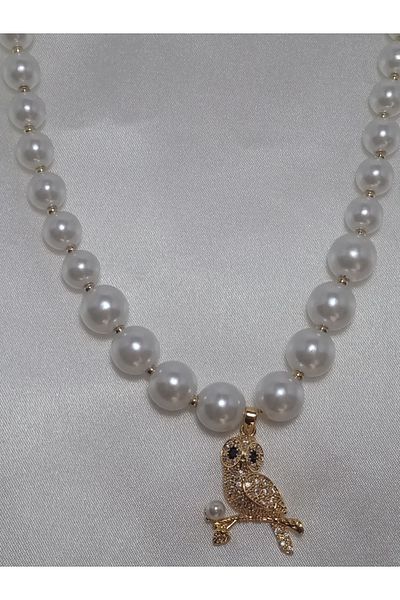 Jadem Gold Steel Owl Figured Pearl Necklace
