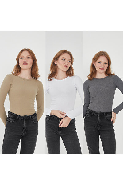 Wearflawless Γυναικεία 100% ΒΑΜΒΑΚΙ 3 τμχ Σετ μπλούζα με μακρυμάνικη λαιμόκοψη