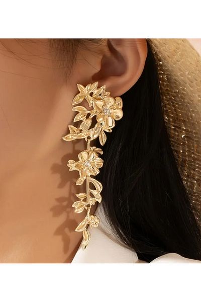 ER TAKI Rhinestone Gold Colored Large Flower Figured Engagement Henna Wedding Evening Dress Earrings