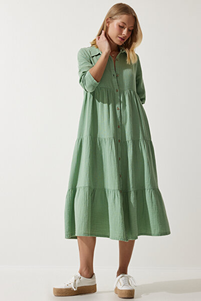 Lovelyİstanbul Φόρεμα με φουσκωτό πουκάμισο πράσινο μουσελίνα - Lsa0007