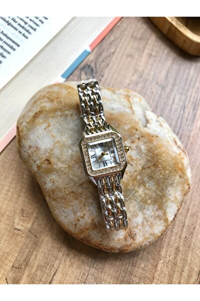 Coliseum Retro Vintage Square Roman Numeral Jewelled Gold-Silver Women's Wristwatch