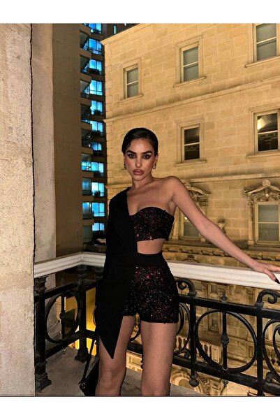 MES DE JULIO Bella Payetli Tasarım Elbise Tek Kol Siyah