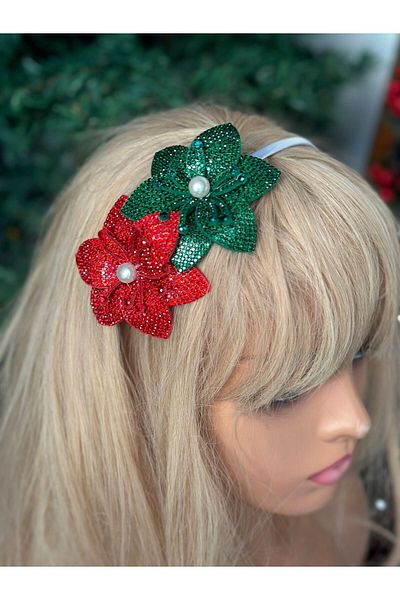 QUEEN AKSESUAR Luxury Design with Green Red Pearls - Crystal Stone Detailed Star Flower Lotus Flower Christmas Special Occasion Crown Metal