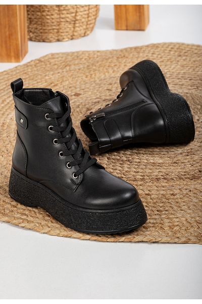 Mc vay Shoes Γυναικείες μαύρες πέτρινες κομψές ορθοπεδικές μπότες με κορδόνια και φερμουάρ
