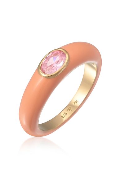 ELLI Ring Damen Solitär Oval mit Emaille Orange und Zirkonia Kristallen Grün aus 925 Sterling Silber Gold