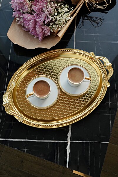 Ahinur Mutfak 38X28 سم فولاذ 1 صينية ذهبية بيضاوية عالية الجودة