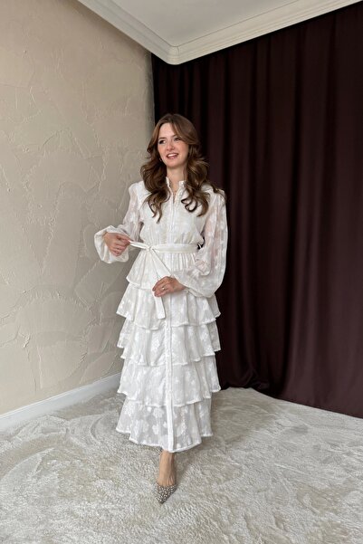 HELİS BUTİK Layered Flounce Embroidered Ecru Dress