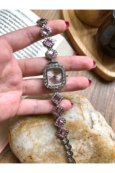 Coliseum Elegant Silver Inside Pink Women's Wristwatch with Square Stones